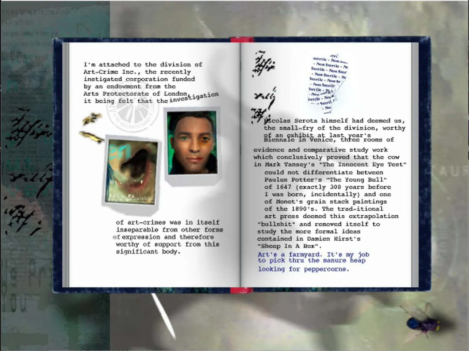 The Nathan Adler diary from the restored Booth — the Art-Crime Inc. journal spread