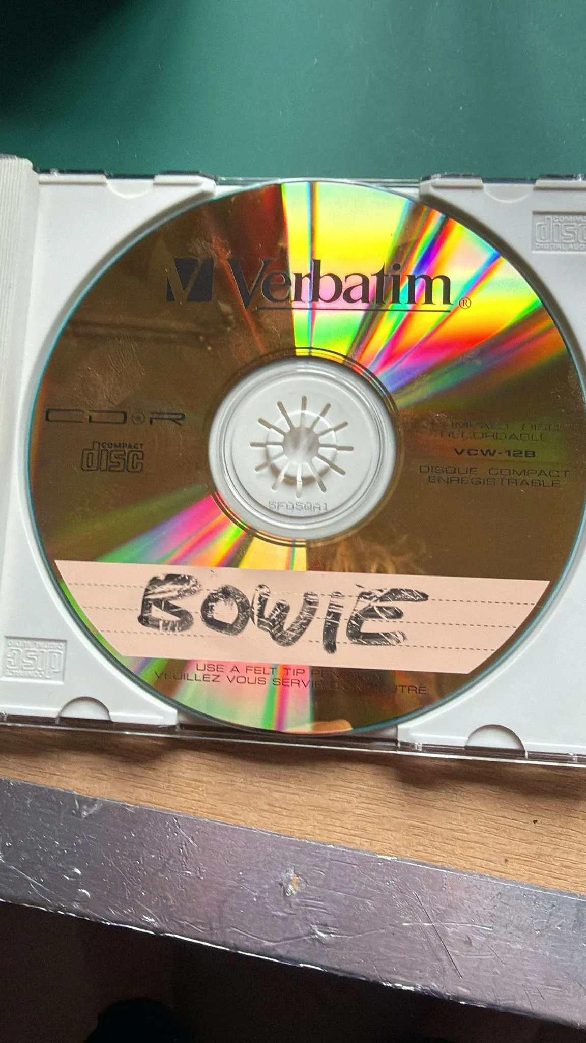 The gold Verbatim CD-R inside, felt-tip labelled “BOWIE”
